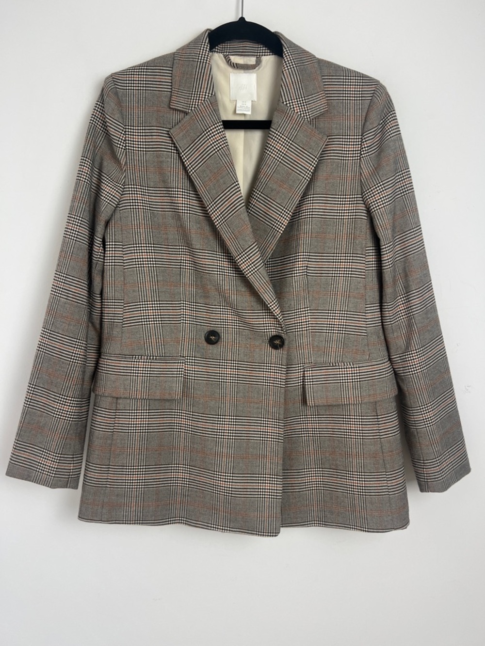 H&M Size‎ 8 Gray Brown Classic Checker Double Breasted Boyfriend Style Blazer